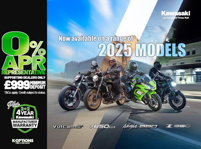 Enjoy 0% APR on HP and 5.9% PCP APR Representative on a wide range of Kawasaki machines!